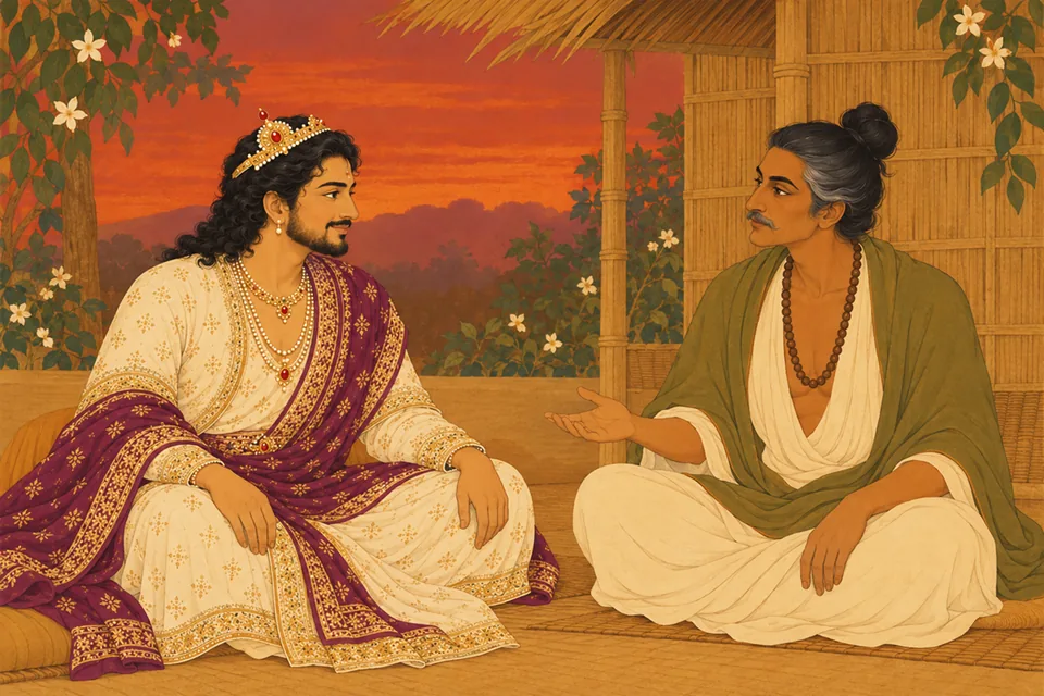 Rested after drinking, Pratapbhanu listens to the disguised ascetic's gentle questions at the hermitage as the sun sets.