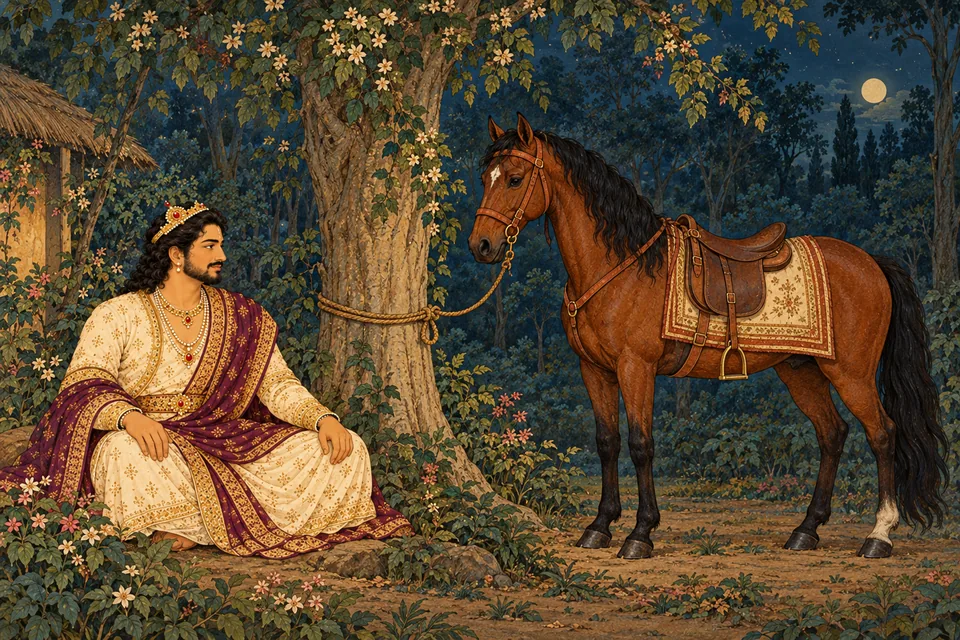 Pratapbhanu sits beside the tree to which he has tied his horse, agreeing to stay overnight.
