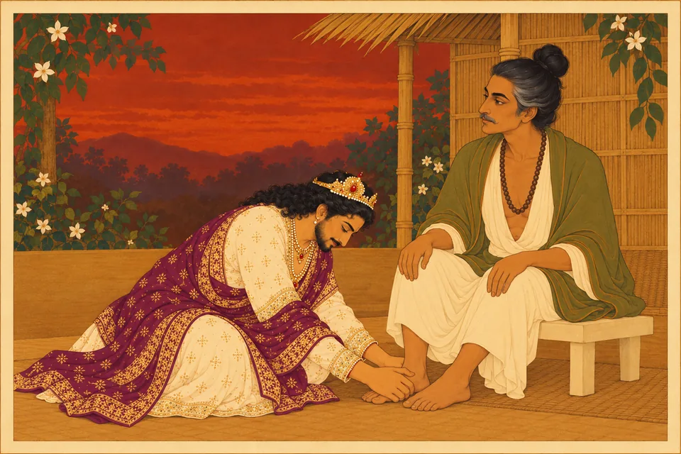 Pratapbhanu joyfully clasps the disguised ascetic's feet and makes humble pleas after being invited to ask a boon.