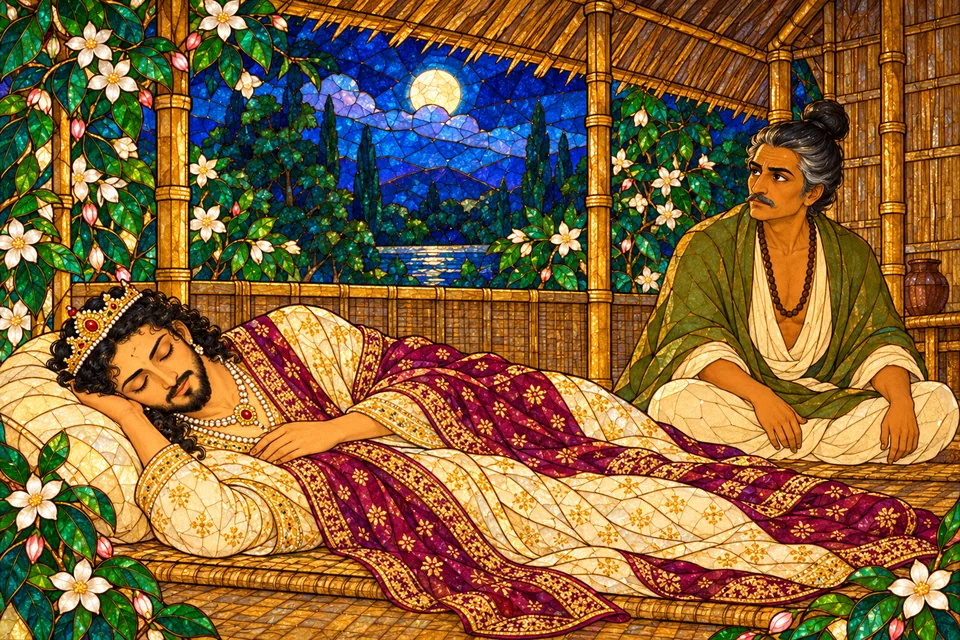 The weary Pratapbhanu sleeps deeply while the disguised former king sits awake with worry.