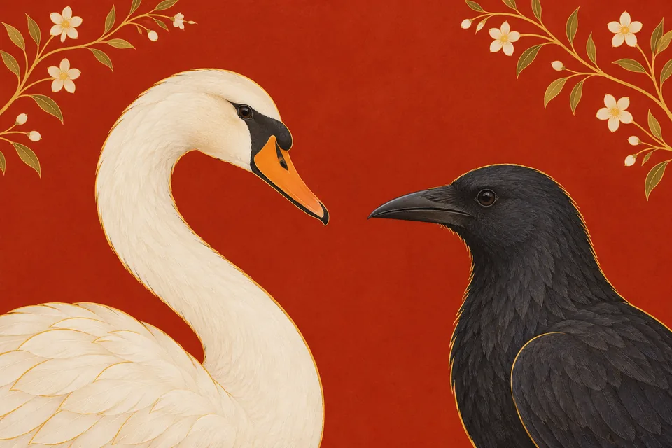 Separate portraits of a white swan and a black crow symbolize the citizens’ lament about fate.