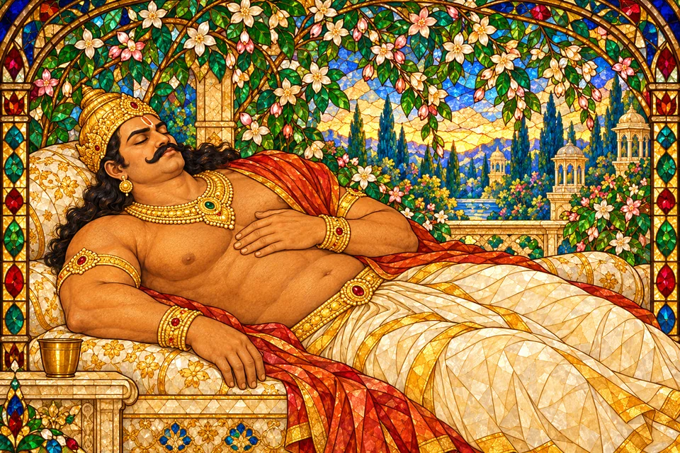 Kumbhakarna sleeps after drinking, in the passage describing his six-month sleep.