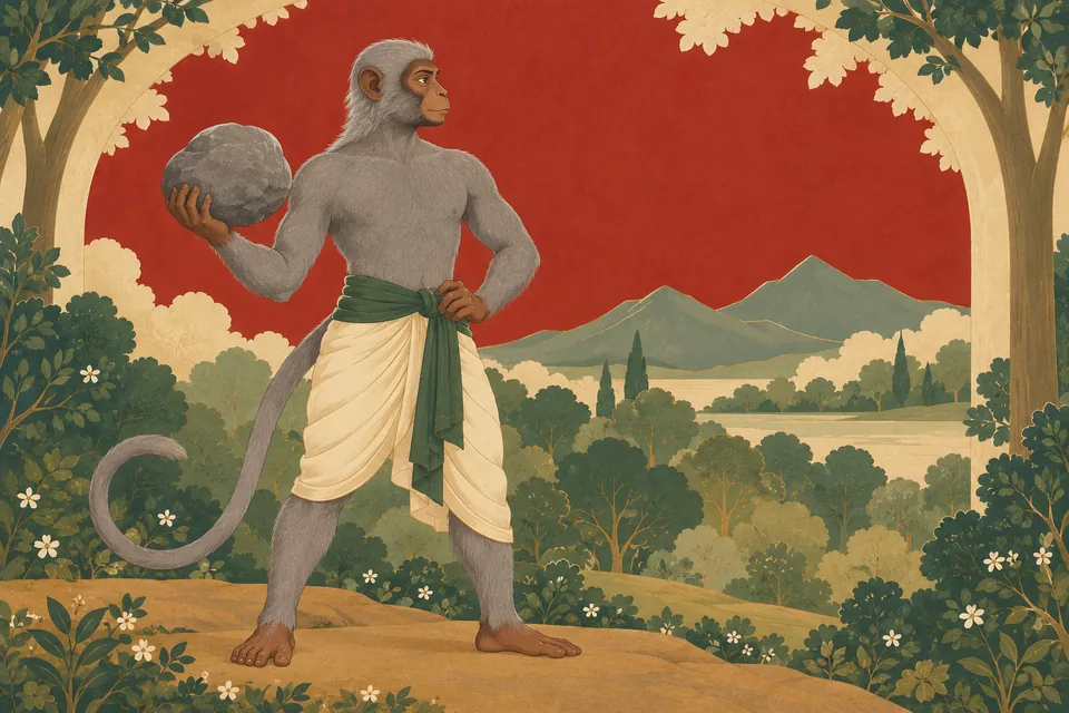 An unnamed vanara represents the gods’ strong forest-dweller forms waiting to serve Hari.