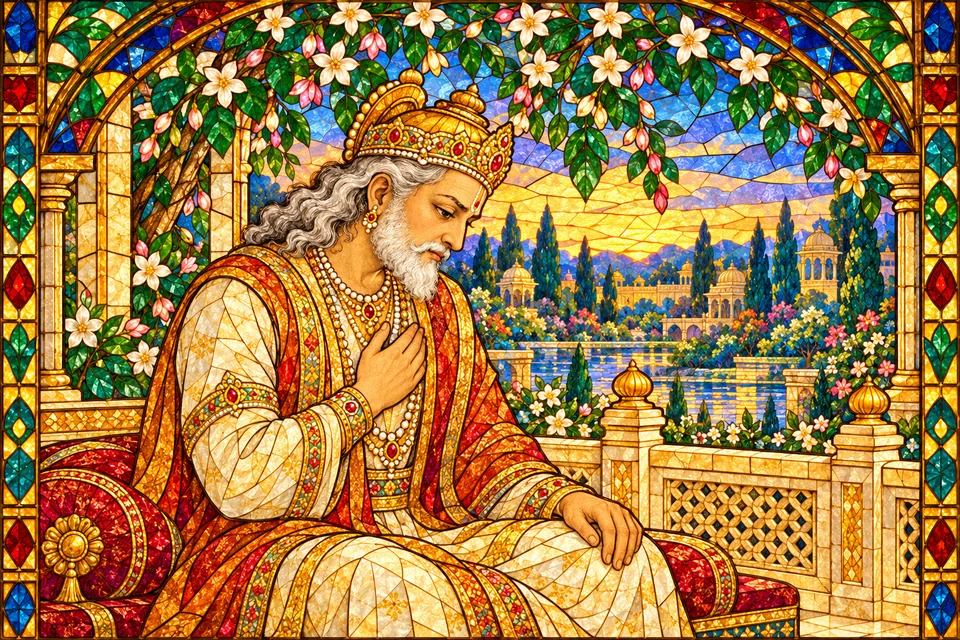 King Dasharatha reflects sorrowfully that he has no son.