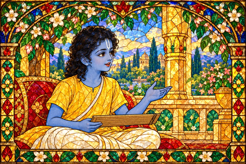 Young Rama explains the Vedas and Puranas to his younger brothers beyond the frame.