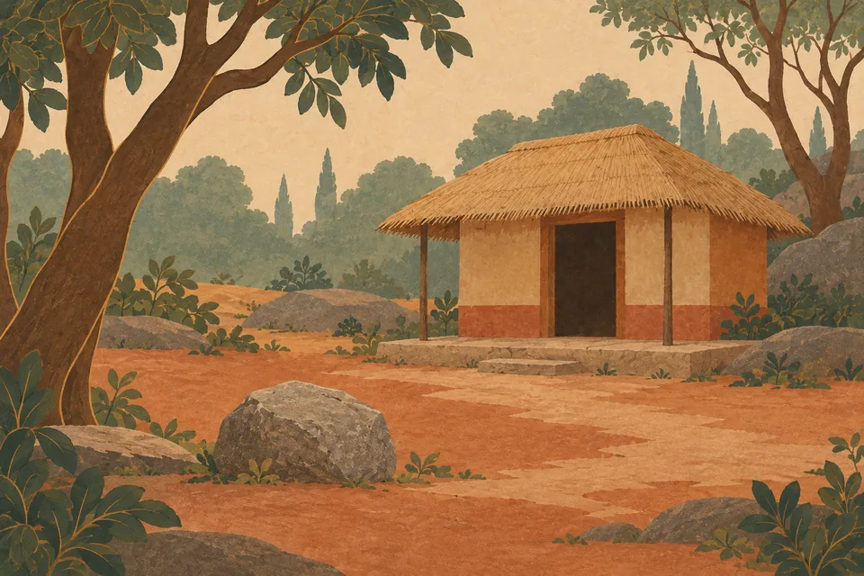 The silent hermitage has no birds or animals, as Rama notices a stone and asks the sage its history.
