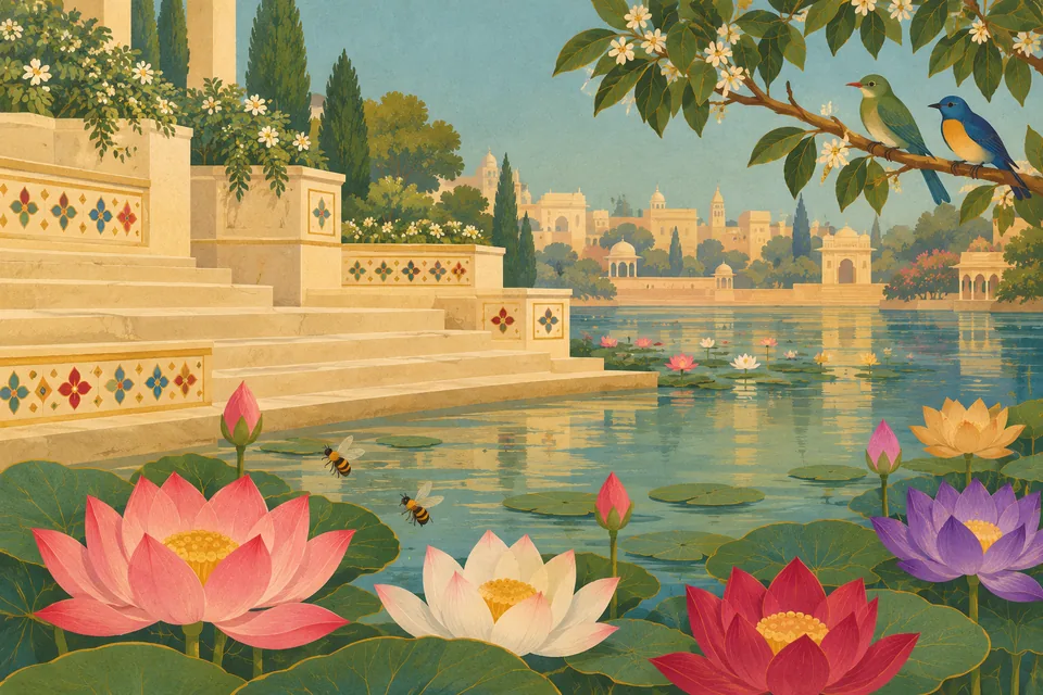 Varied-colour lotuses bloom beside Videha’s jeweled water steps, with bees and colourful birds.