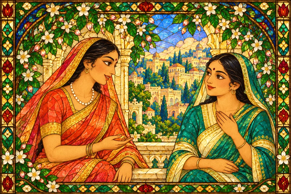 One Mithila woman lovingly invites her friend to hear what she has learned about Rama and Lakshmana.