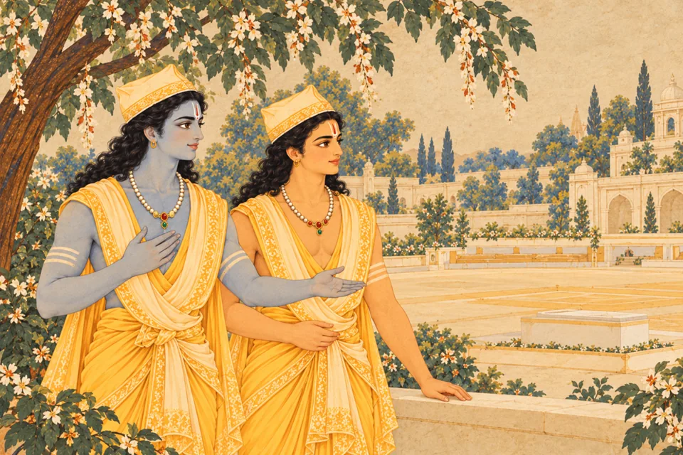 Rama gently explains the bow-arena’s construction to Lakshmana while they look across its prepared ground.
