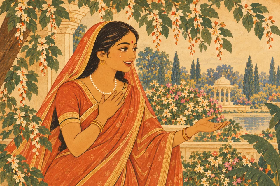 The returning companion joyfully describes the two princes to Sita and her friends, finding their beauty beyond words.