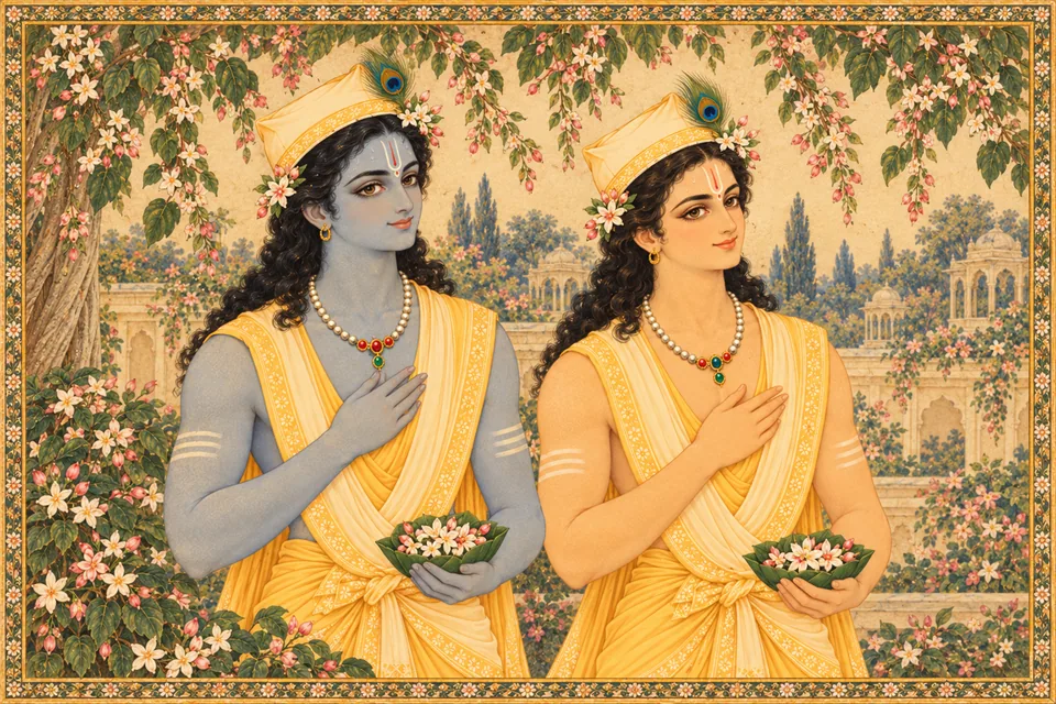 The two brothers appear as the limit of beauty, adorned with peacock feathers, flower buds, jewels and flower-filled leaf cups.