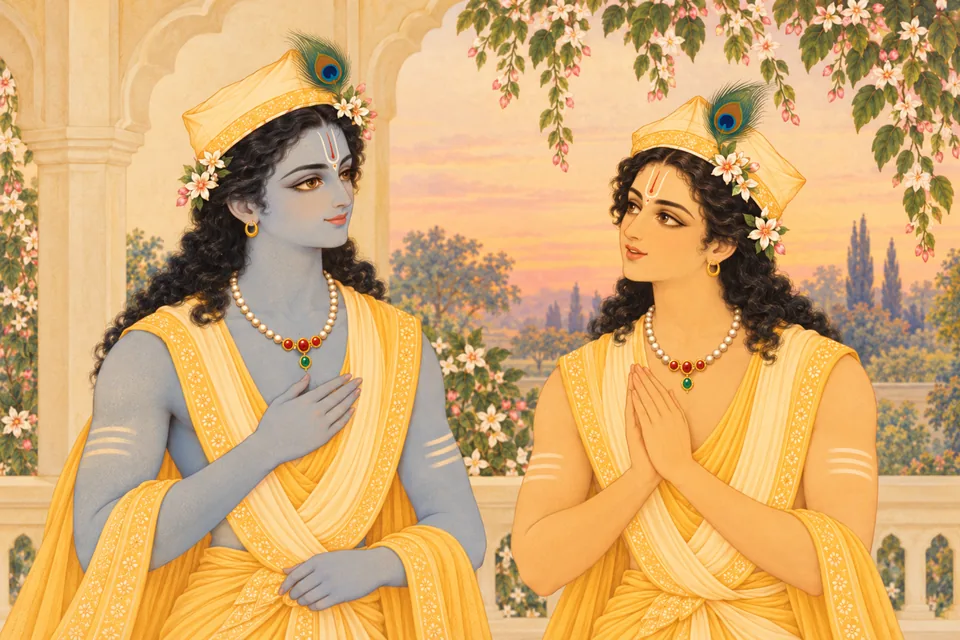 At dawn, Lakshmana joins his hands and speaks gently to Rama, drawing an analogy to his glory.