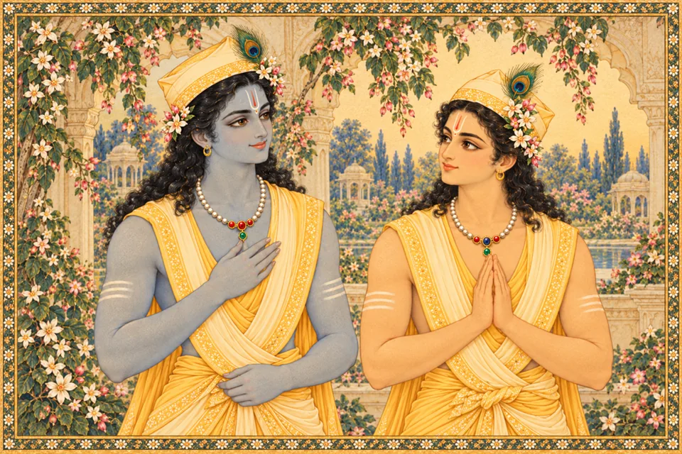 Rama smiles on hearing Lakshmana’s words; the brothers then bathe, perform their duties and return to their guru.