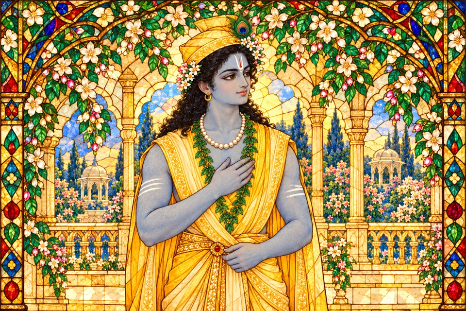 Rama rises naturally after bowing to his guru, his heart free of joy and grief and his bearing surpassing a young lion’s.