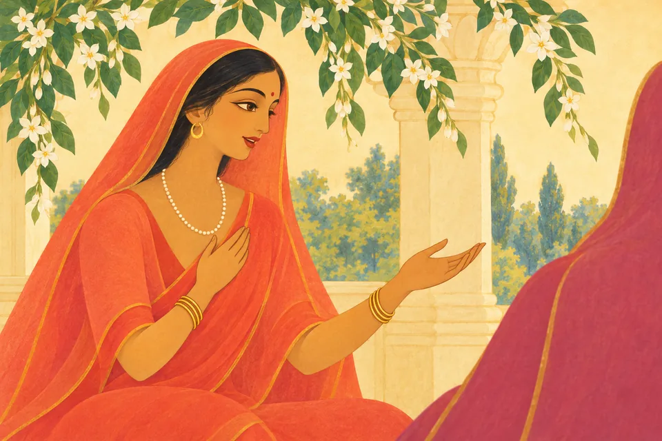 A wise companion gently reassures Sita’s mother that radiant power should not be judged by size.