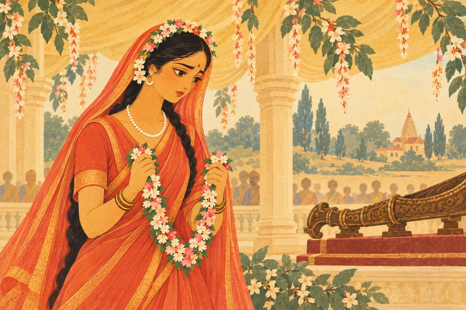 Troubled by her father’s vow, Sita inwardly appeals to Shiva’s bow to become light for Rama.