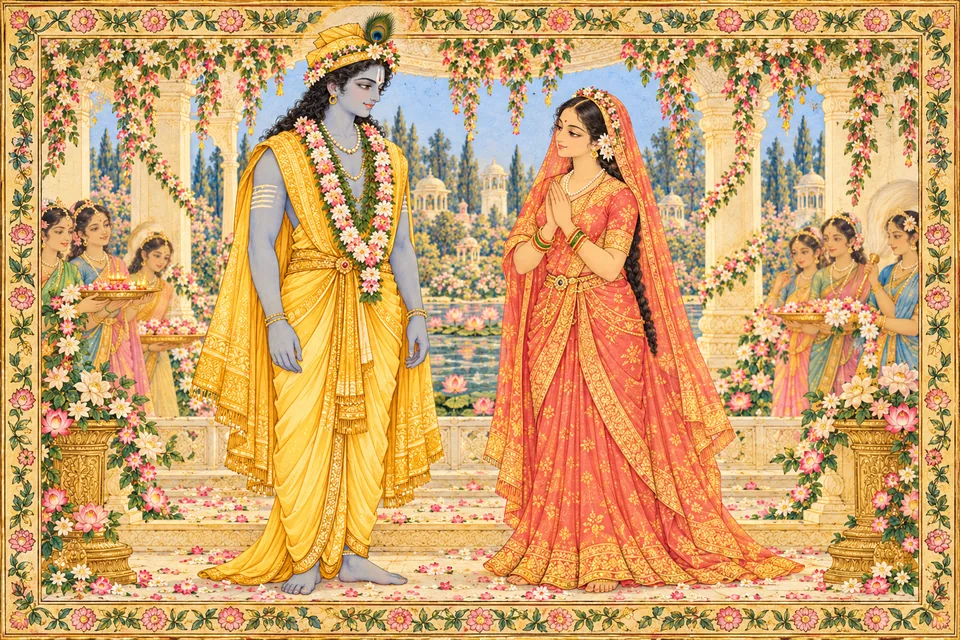 Rama and Sita stand together after the garlanding; Sita keeps her hands at her own chest.
