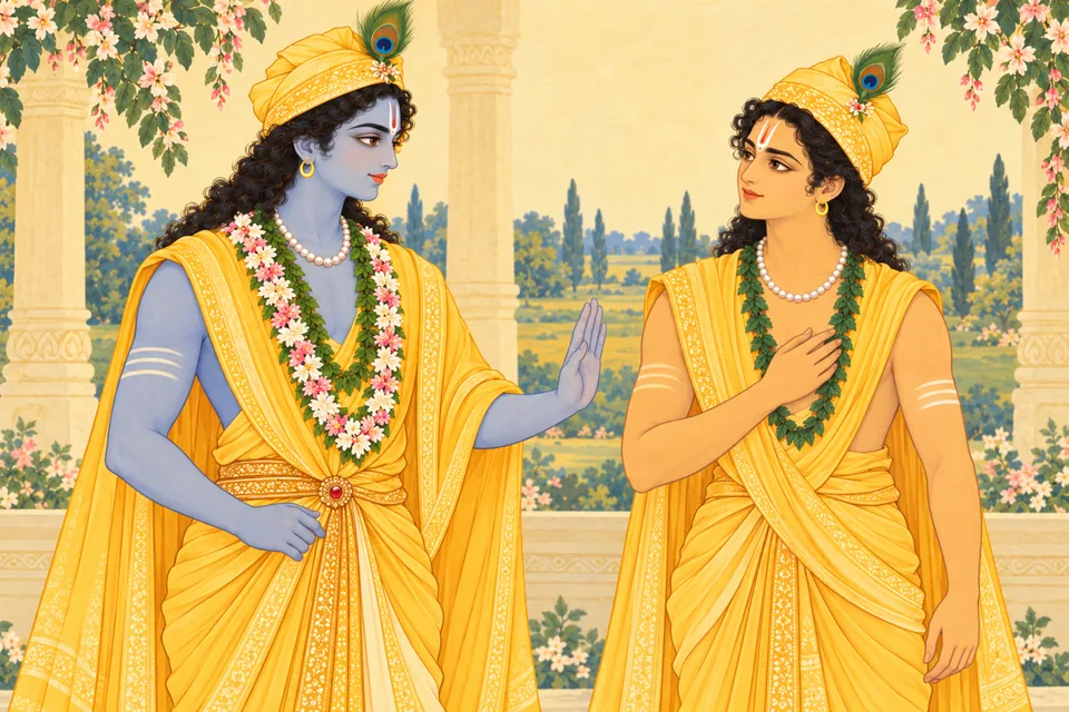 Rama signals Lakshmana to restrain his words.