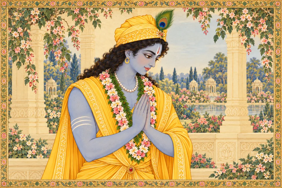 Rama bows his head with a quiet smile and joins his hands in the Mithila garden court.