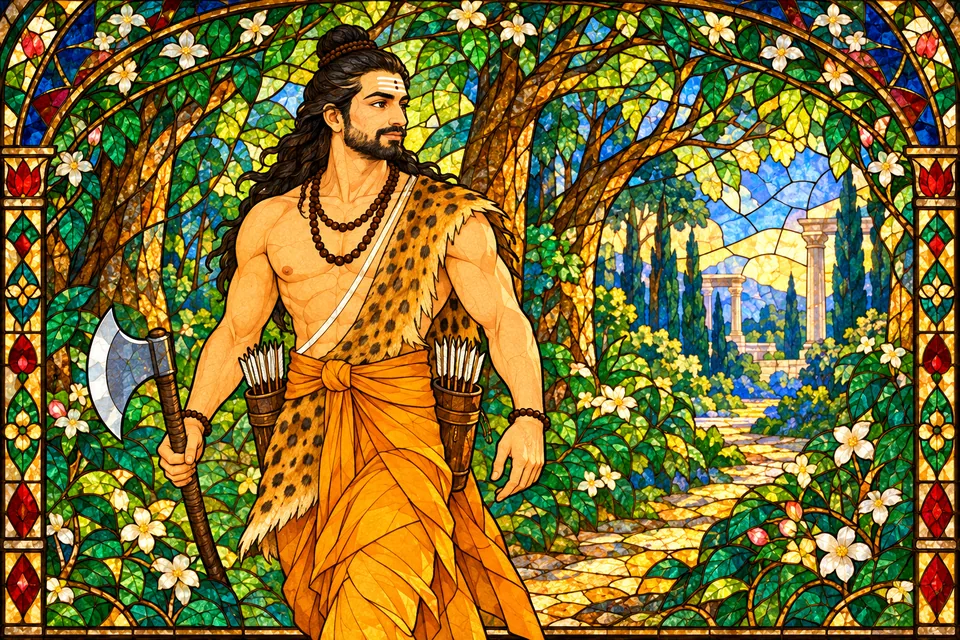 Parashurama enters a wooded path carrying his axe, with two arrow quivers at his hips.