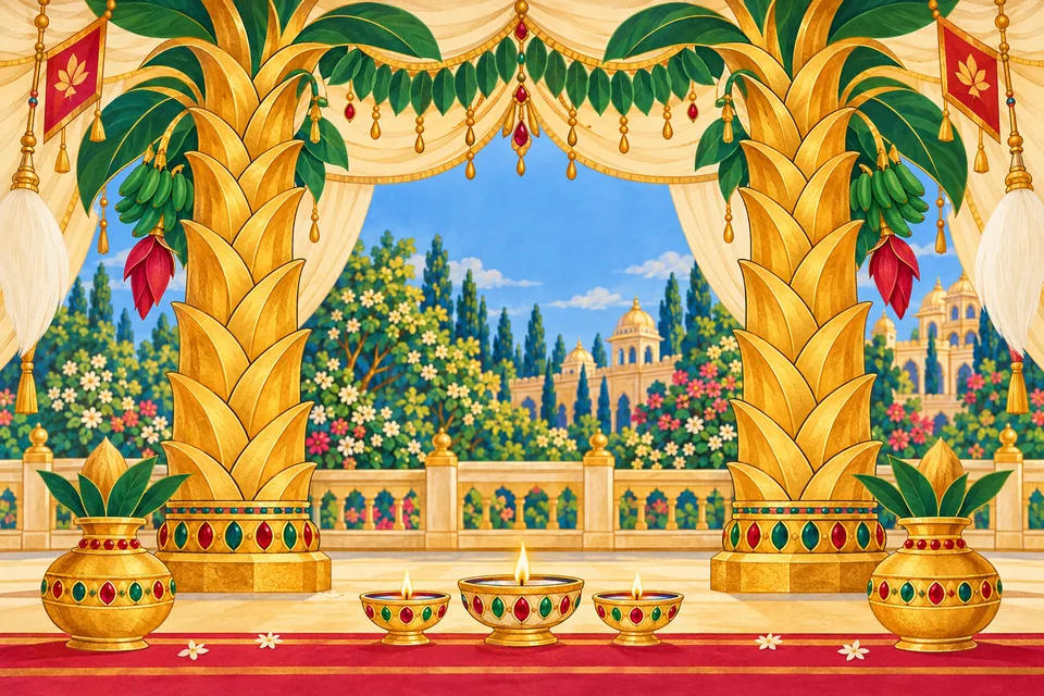 Jeweled lamps and auspicious pots stand beneath a decorated pavilion framed by golden plantain pillars.