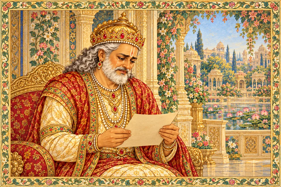 Dasharatha reads the letter with tears in his eyes, holding it gently in both hands.