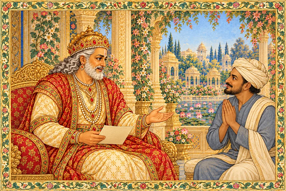 Dasharatha speaks warmly to a seated messenger, who smiles with joined hands.