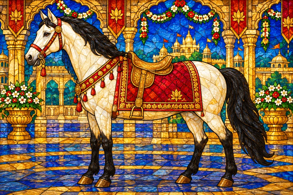 A richly saddled horse waits in Ayodhya's decorated stable court.