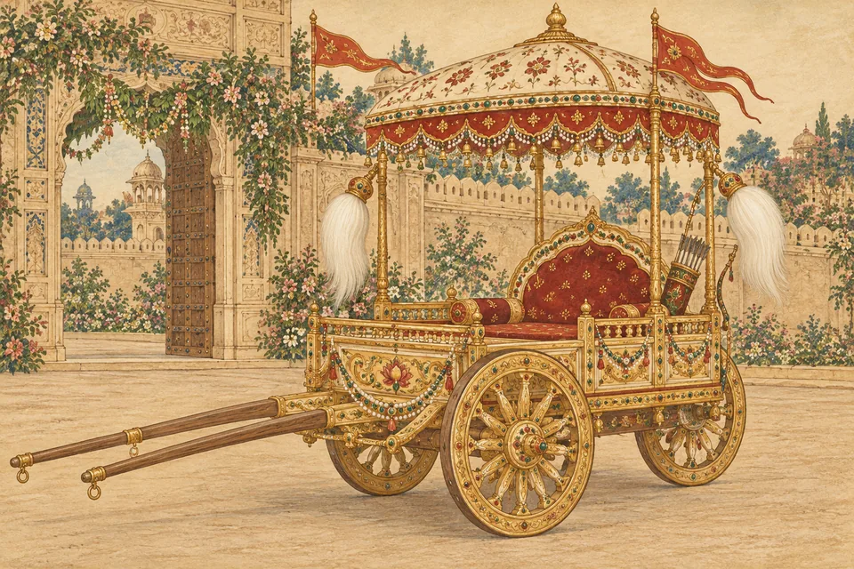 A canopied wedding chariot waits outside Ayodhya, decorated with pennants, fly-whisks and bells.