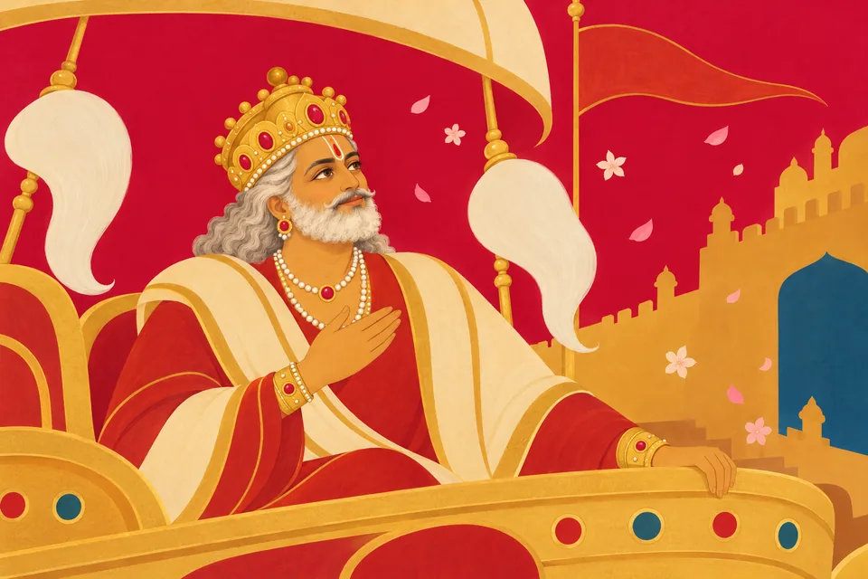 Dasharatha smiles in his chariot as the wedding procession departs Ayodhya.