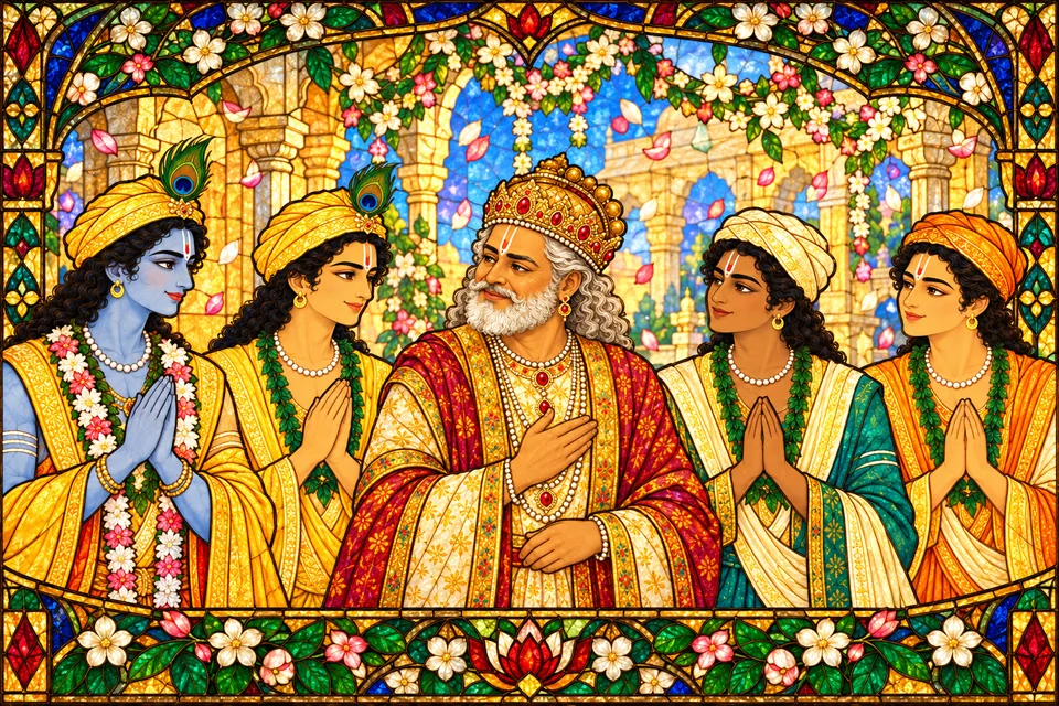 Dasharatha with his four sons as the gods rejoice at the wedding procession.
