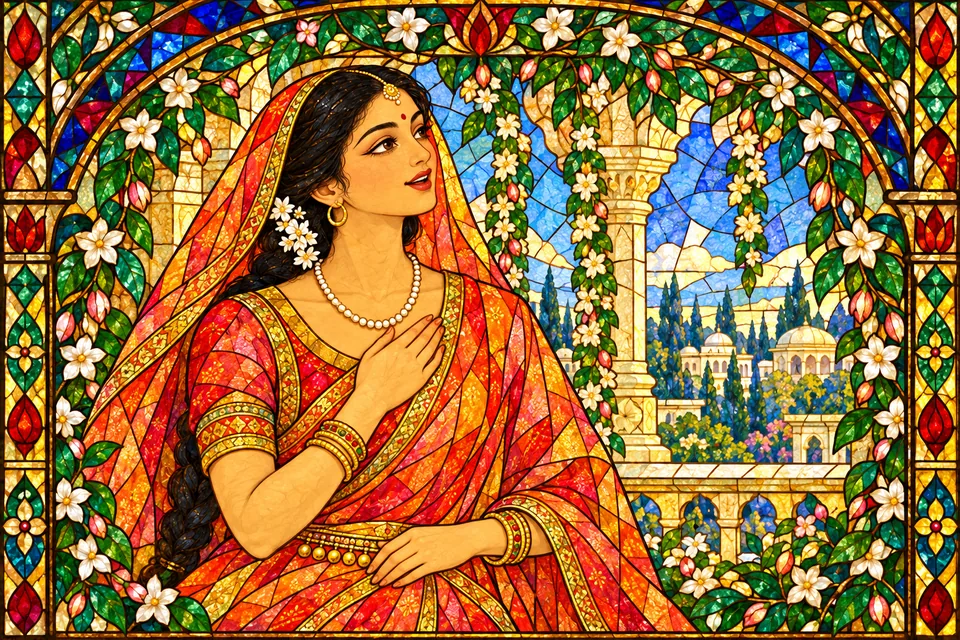 A Mithila woman sings auspicious songs, adorned with bangles and waist bells.