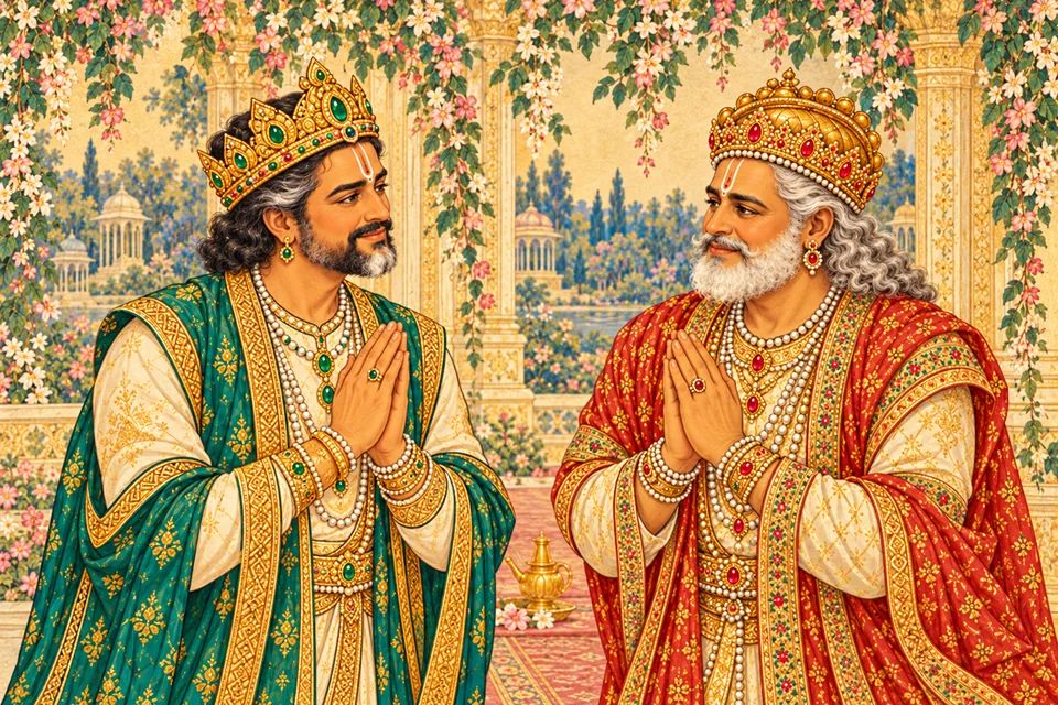 Janaka and Dasharatha meet with affection, honoring the wedding party with cloth walkways and arghya.