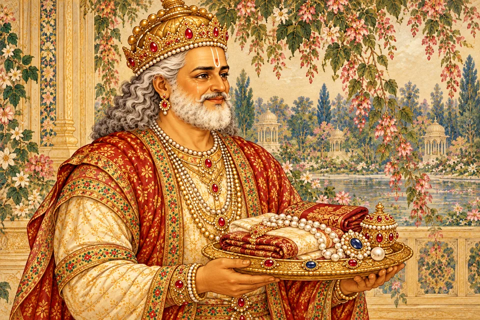 Dasharatha carries a tray of cloth, pearls and ornaments in an antique cream-and-gold devotional portrait.