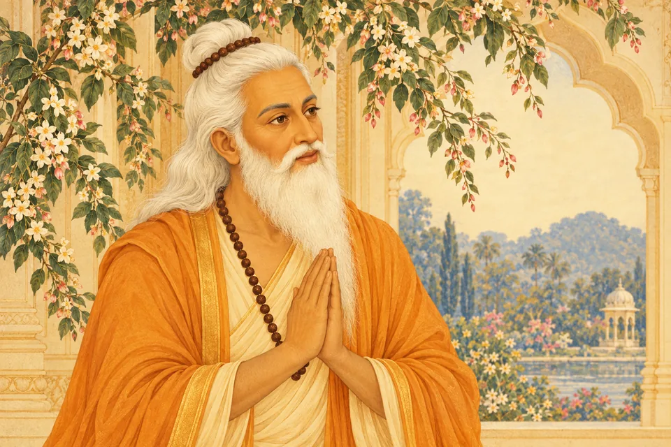 Vasishtha joins his hands in an antique cream-and-gold devotional portrait, representing his departure after blessing the family.