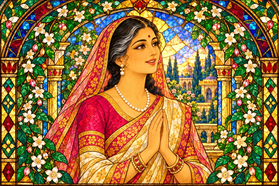 Kaushalya praises Rama’s return with joined hands in a jeweled stained-glass devotional portrait.