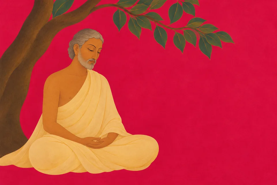An unnamed sage sits in quiet meditation beneath a sparse bough.