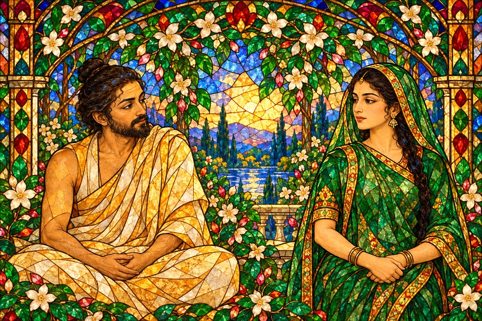 A symbolic ascetic glances toward a perceived female figure amid jewel-colored glass flowers.