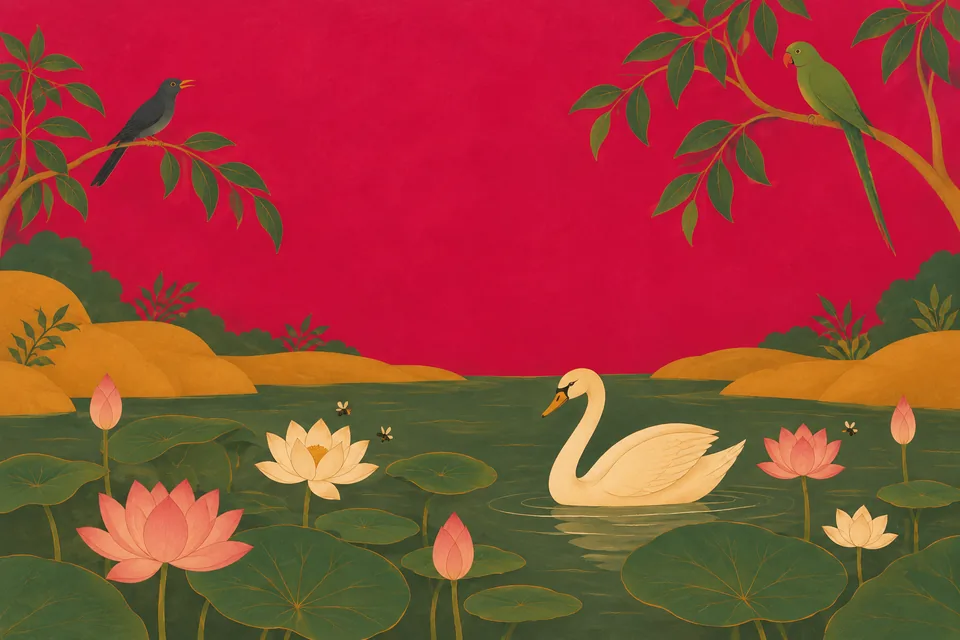 A swan, parrot and cuckoo around a quiet lotus pond.
