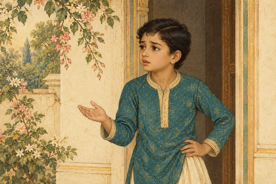 An unnamed child speaks anxiously to parents outside a home doorway.