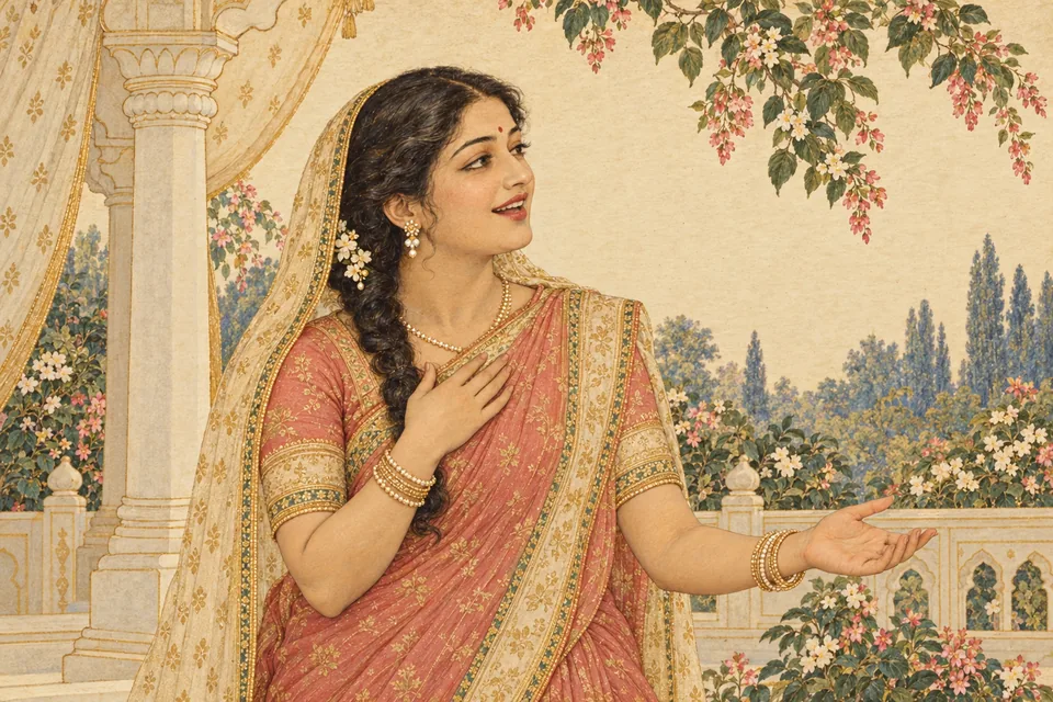 An unnamed woman sings gentle playful wedding gaari beside a cream pavilion.