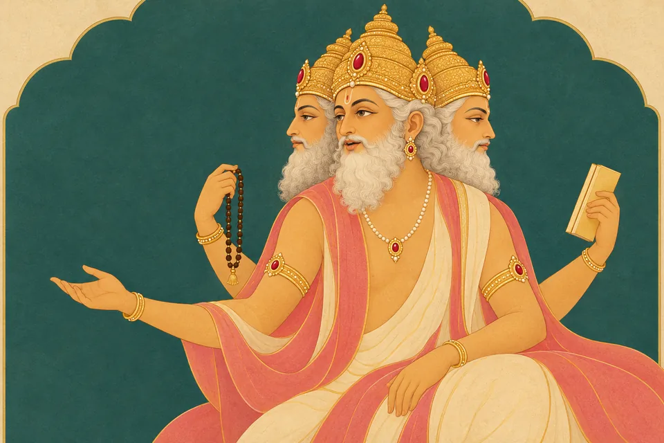 Elder Brahma, with four conventional arms and three visible faces, speaks gently toward Earth outside the frame against restrained teal and cream fields.
