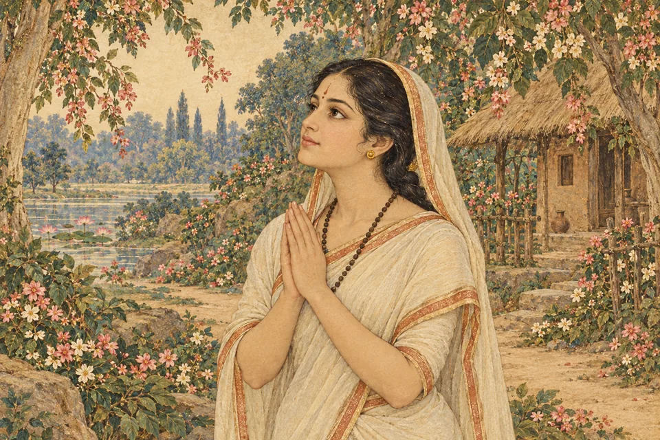 Ahalya stands in her restored human form with joined hands and an awestruck loving gaze toward Rama outside the frame, in an antique painted hermitage.