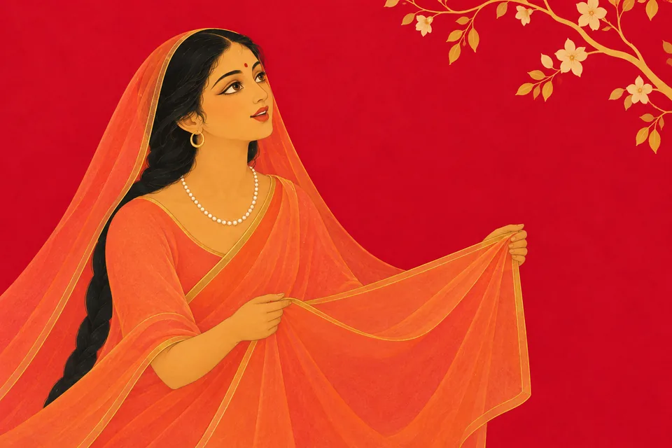 A Mithila woman spreads her veil while wishing for all four brothers to marry in the city.