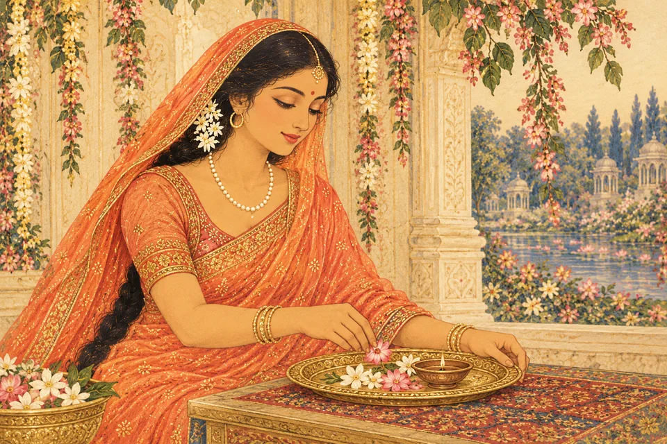 A married Mithila woman prepares a welcome plate for parichhan.