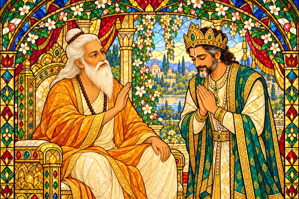 Janaka honors Vasishtha and receives his blessing in the wedding pavilion.