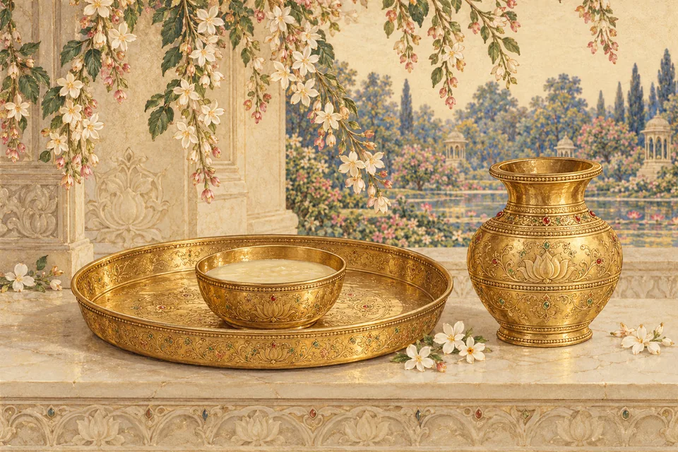 Golden trays and vessels stand ready with auspicious wedding supplies.