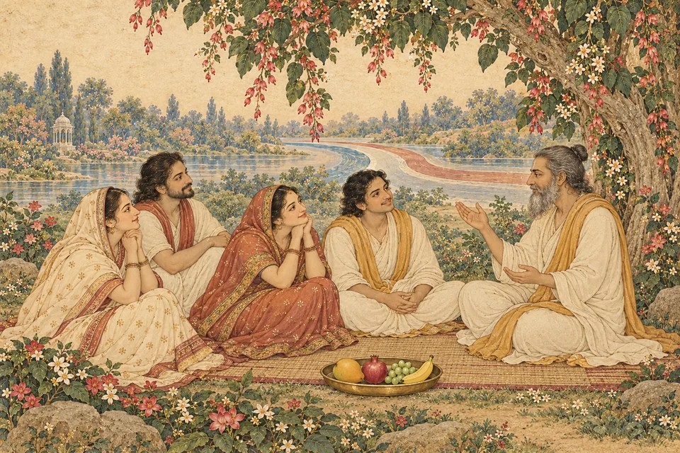 Unnamed listeners gather peacefully around an elder, with four fruits and flowing ribbons symbolizing the fruits of loving satsang.