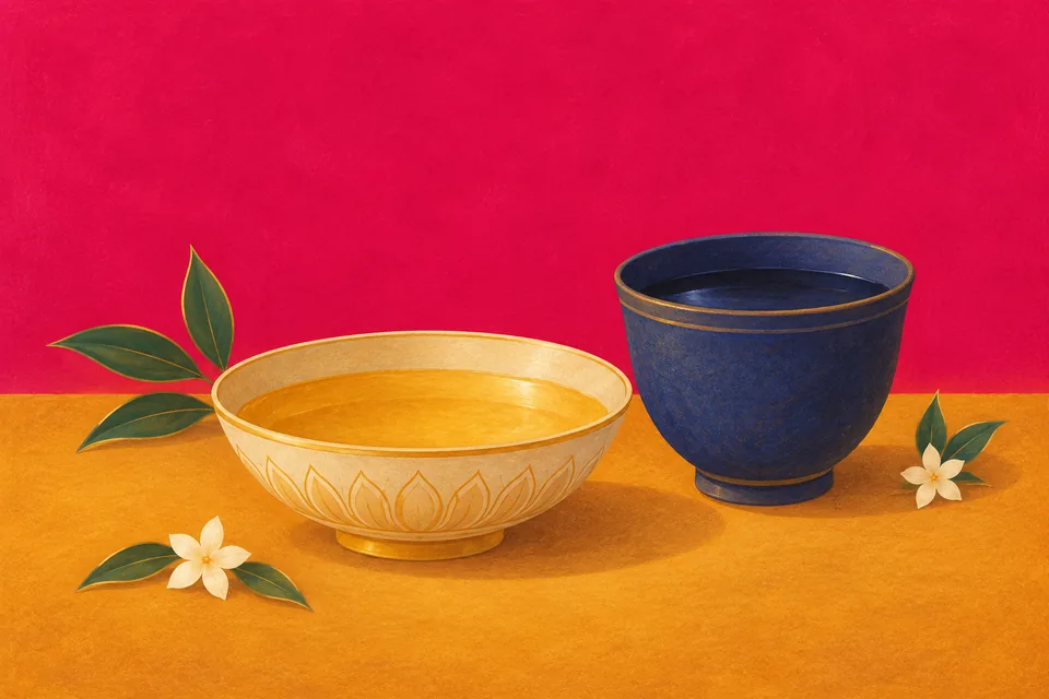 Two symbolic vessels, one luminous and one shadowed, represent the source’s comparison of nectar and poison.