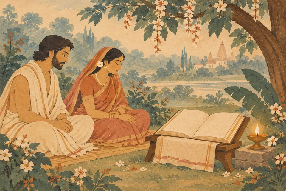 Two unnamed listeners sit beside a blank manuscript and a single steady lamp in a quiet garden.